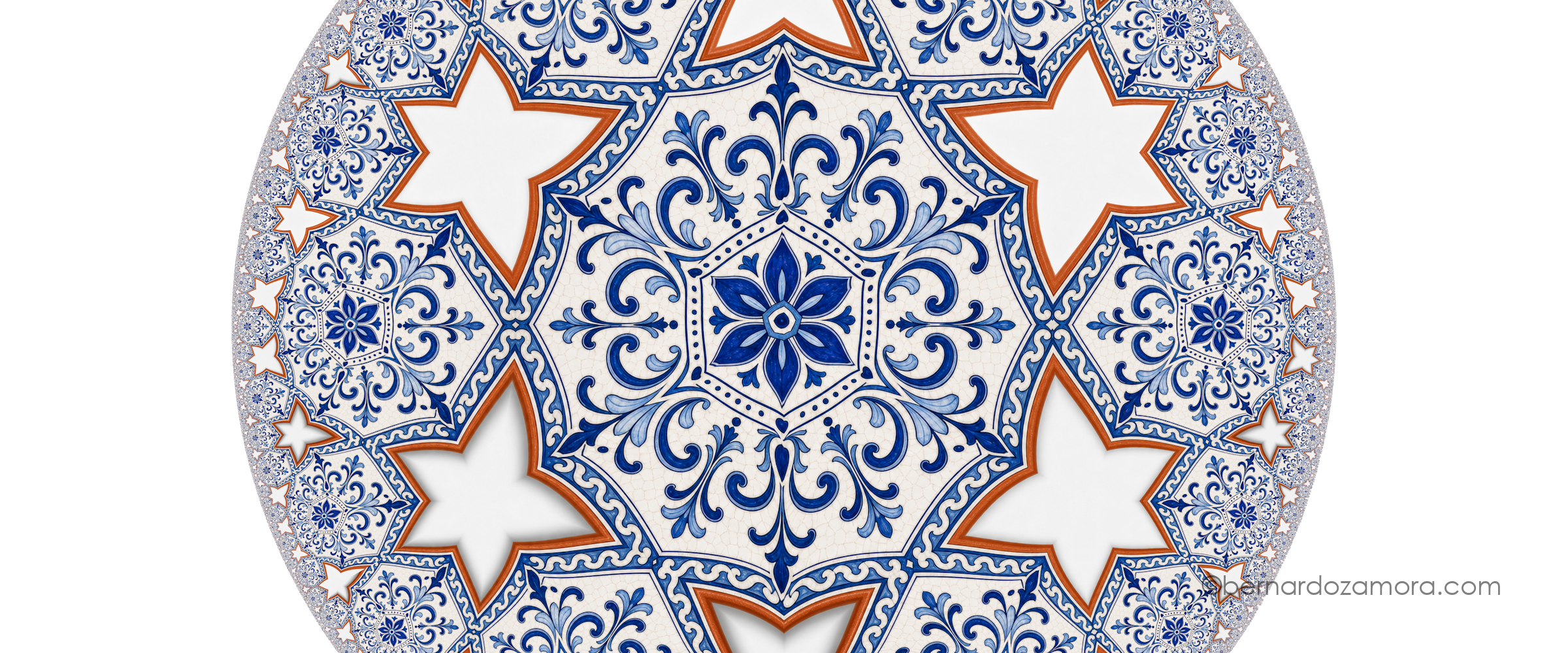 Image of hyperbolic tesselation, showing a set of Mexican talavera-looking tiles in white background.