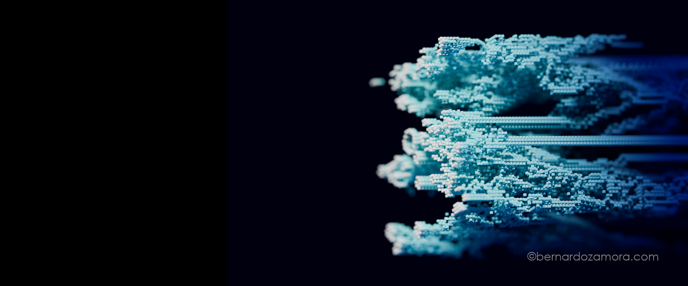 A 3D cellular automaton simulation based on Conway's Game of Life, showing an intricate, organic cluster of glowing light-blue voxels emerging and trailing toward the right against a black background.