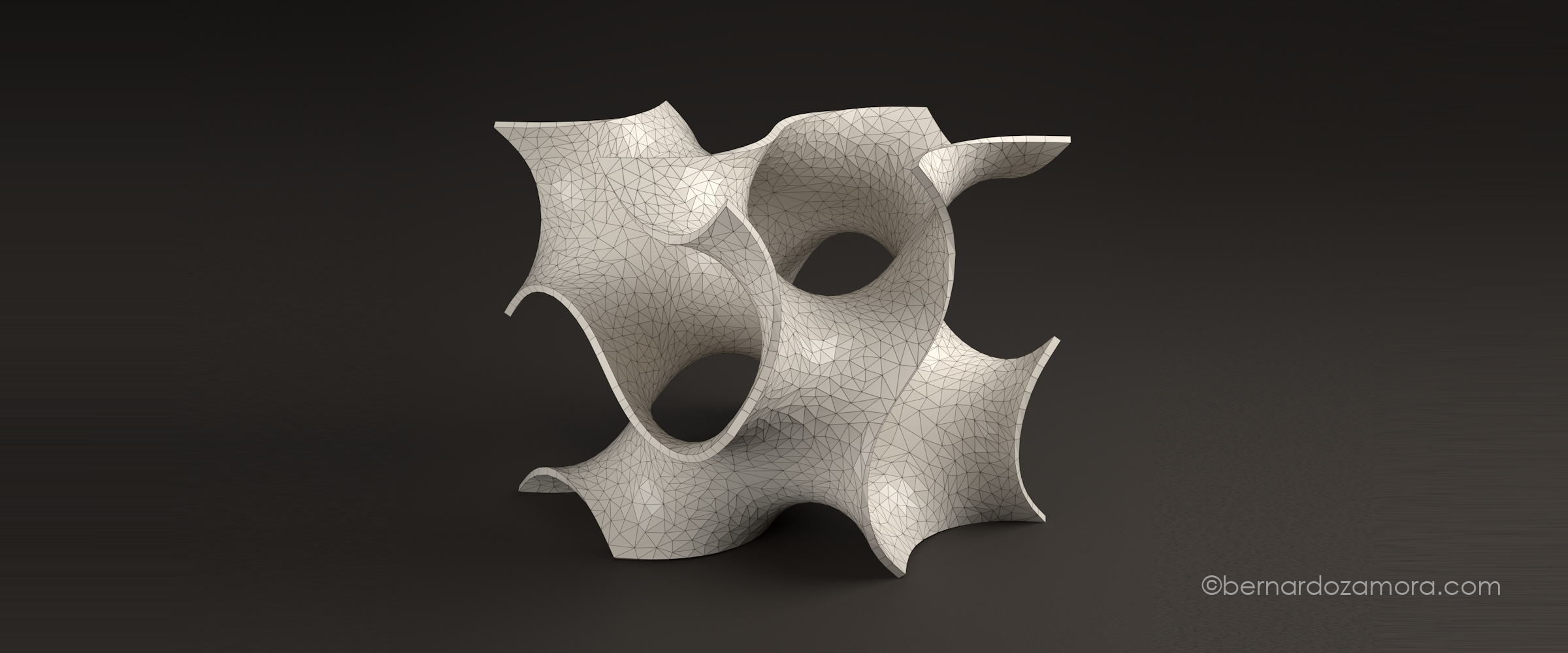 A 3D rendering of a single gyroid unit cell against a dark gradient background, showcasing its continuously curving, saddle-shaped surfaces and interlocking channels detailed with a fine, wireframe triangle mesh.