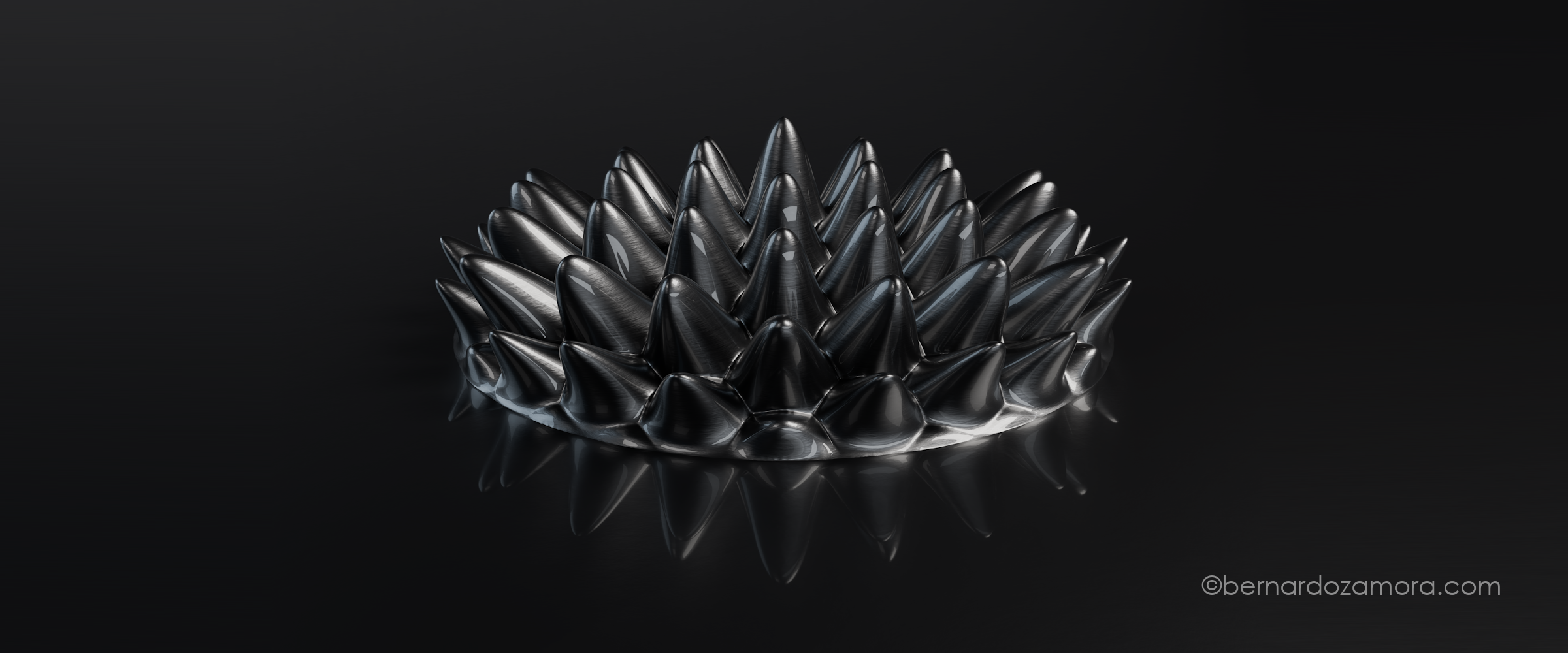 A computer render of a circular pool of black ferrofluid forming a cluster of sharp, uniform spikes due to a magnetic field, showing realistic metallic highlights and a soft reflection on a dark, glossy surface.