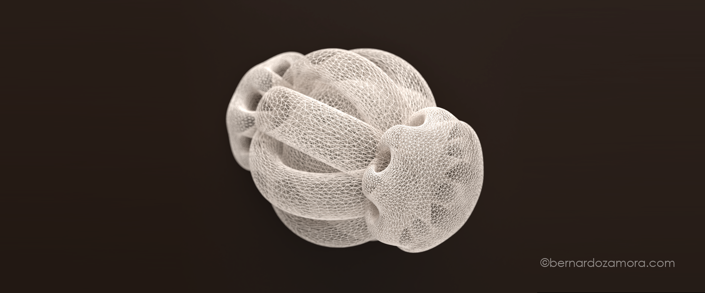 A 3D rendering of a mid-stage sphere eversion against a dark brown background, showcasing an intricate, multi-lobed geometric shape composed of an ivory-colored, semi-transparent triangular wireframe mesh.