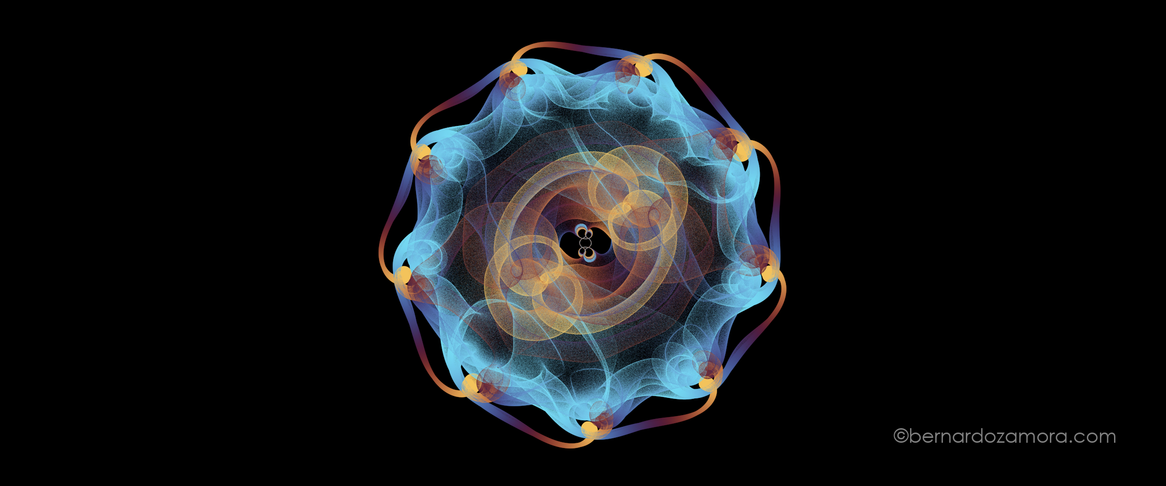 An intricate, highly symmetrical complex polynomial root plot on a black background, featuring an outer ring of eight glowing, translucent blue wispy structures connected by thin amber threads, surrounding an inner core of overlapping golden circular orbits and a dark center.