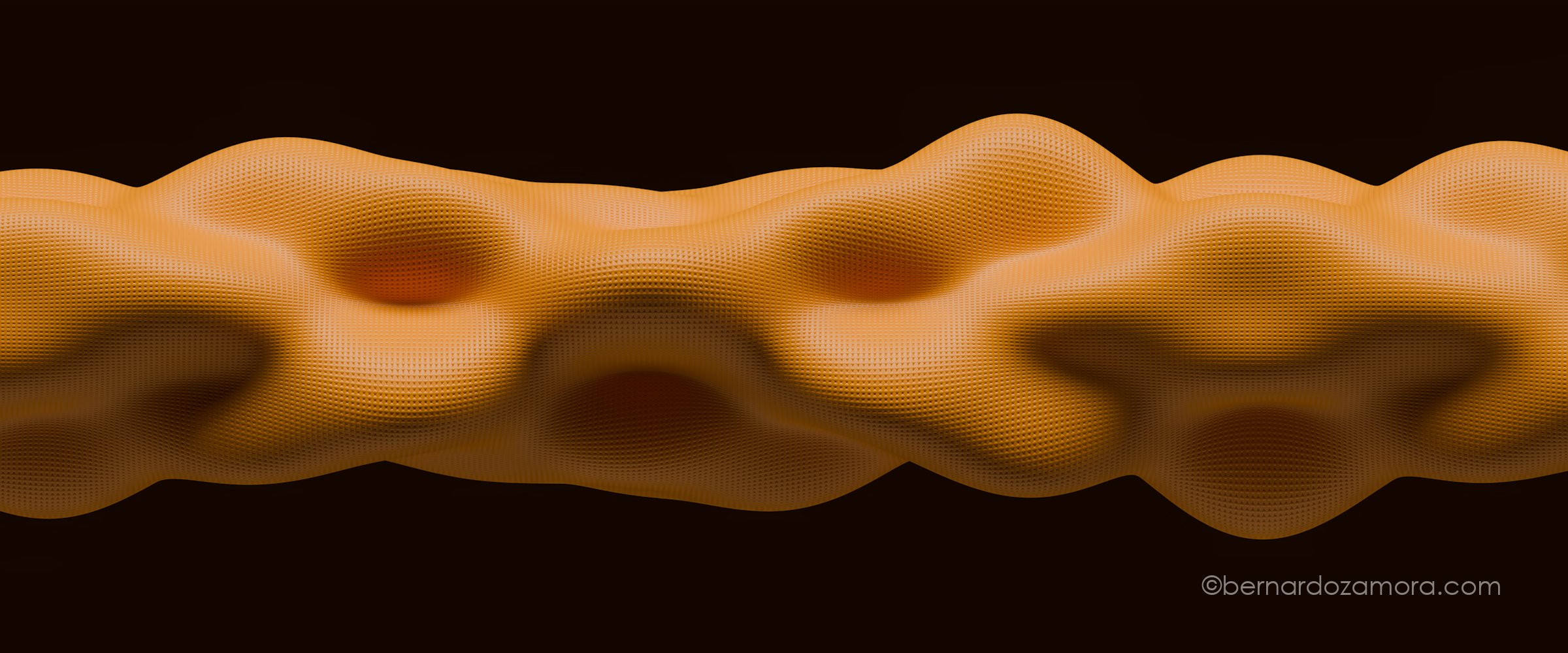 A horizontal, organic 3D structure resembling a textured ochre-orange tube rippling with uneven, bulbous waves against a dark background, its surface detailed with a fine, fabric-like grid mesh that deforms over the undulations.
