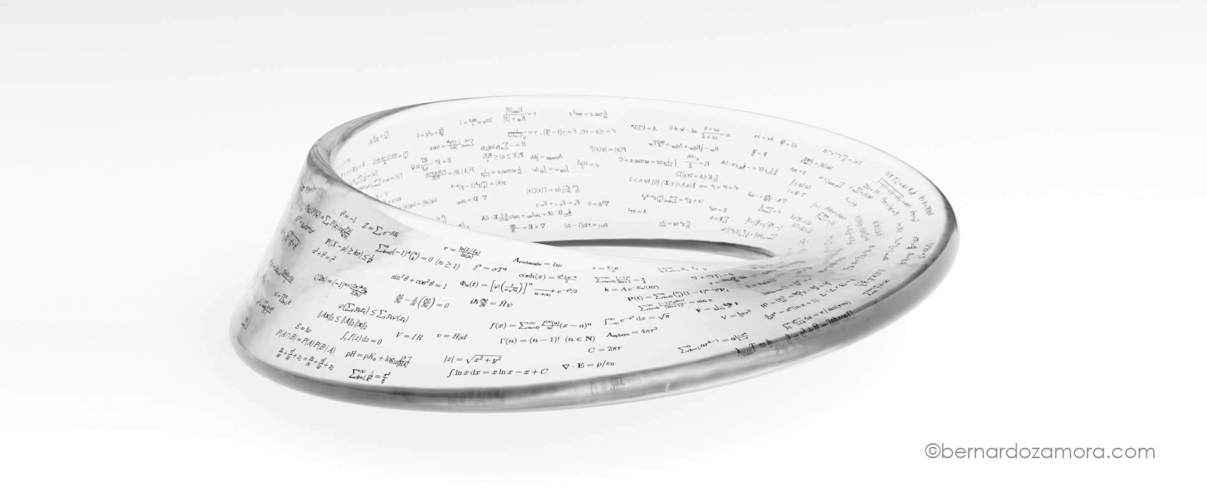 A 3D rendering of a thick, transparent glass Möbius strip resting on a clean white surface, forming a continuous one-sided loop with a single half twist, its surface etched with rows of black mathematical and scientific equations.