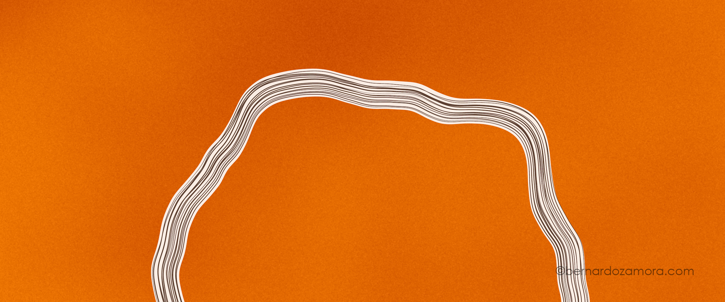 An abstract digital composition featuring a warm, finely grained ochre-orange background, interrupted at the bottom by a broad, undulating semi-circular band made of dozens of thin, parallel white and dark lines that ripple together like geological strata.