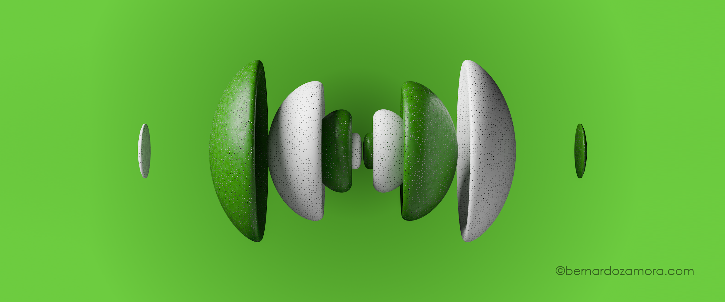 A 3D mathematical isosurface rendering of a hydrogen atom orbital on a bright lime-green background. The symmetrical, fragmented geometric structure features alternating nested hemispherical shells and discs in white and deep forest-green, aligned horizontally along a central axis.