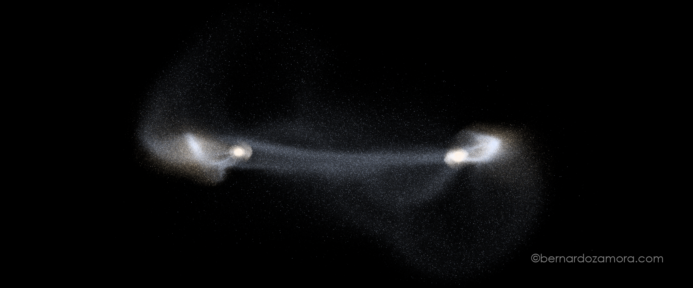 A detailed astrophoto-style simulation against deep black space, capturing 16 million stars in a cosmic dance during a close gravitational pass between the Milky Way and Andromeda galaxies. A bright bridge of starlight connects two distinct luminous galactic cores, with sweeping, asymmetric tidal streams of stellar dust curling outward into the dark.