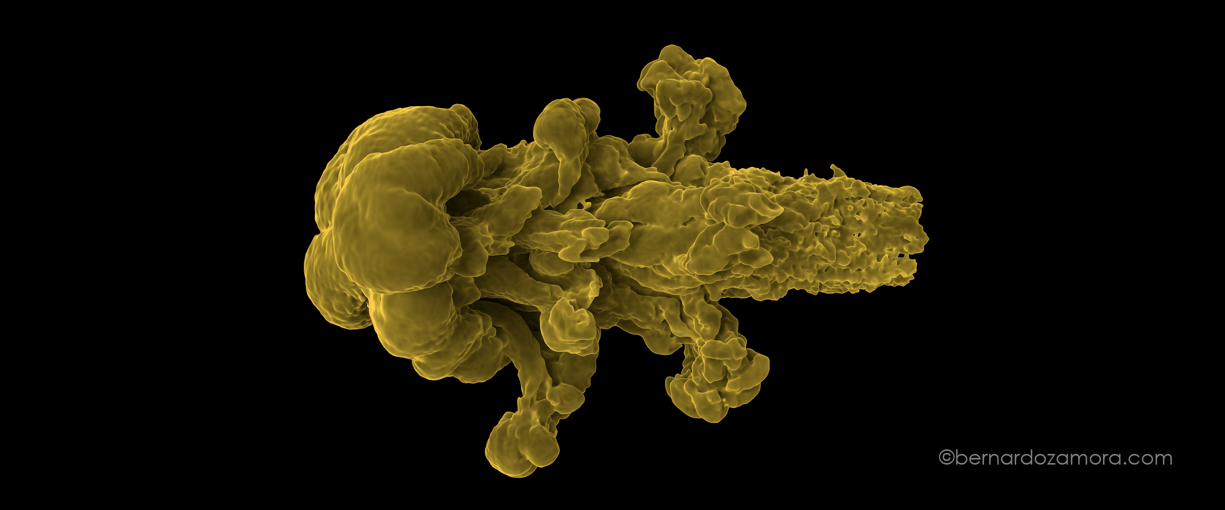 A highly detailed 3D fluid simulation of a dense plume of smoke rendered in a solid, monochromatic ochre-yellow hue against a pitch-black background. The smoke erupts horizontally from a textured trailing stream on the right, expanding into turbulent, billowing, cloud-like structures with deep crevices and complex organic folds as it moves to the left.