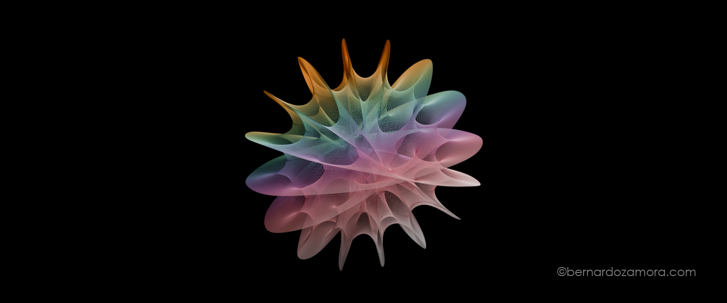 A mathematical 3D projection of an eight-dimensional Calabi-Yau manifold against a black background. The structure forms a complex, multi-lobed starburst shape with translucent, tightly woven wireframe lines that shift in a smooth rainbow gradient from orange and green on the left to violet and soft pink on the right.