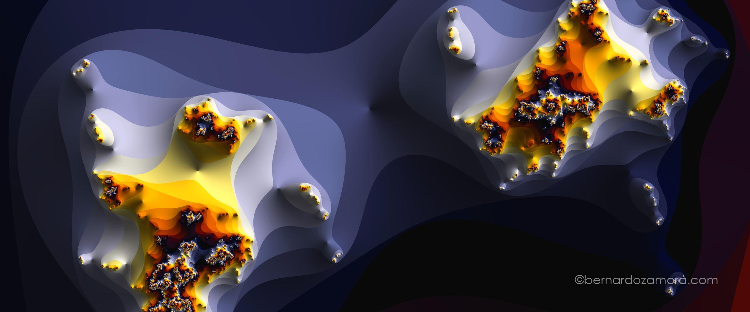 A high-resolution escape-time fractal known as a Manowar Julia set. The image features a dark navy and deep maroon background with a stylized, flowing, dual-lobed central figure. The internal boundary of the fractal is intricately detailed with a striped color palette that transitions sharply from deep black and dark orange to vibrant golden yellow and stark off-white, creating a layered, woven appearance.
