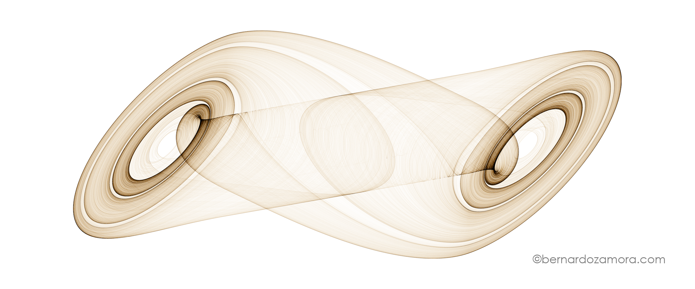 A high-resolution line drawing of Chua's circuit double scroll attractor against a pure white background. The continuous trajectory is rendered in a dark reddish-brown hue, composed of thousands of overlapping, delicate lines that trace out an asymmetrical infinity or butterfly shape. The path tightly spirals around two distinct, dark focal points on the left and right, forming layered, translucent bands that elegantly cross over one another in the center.
