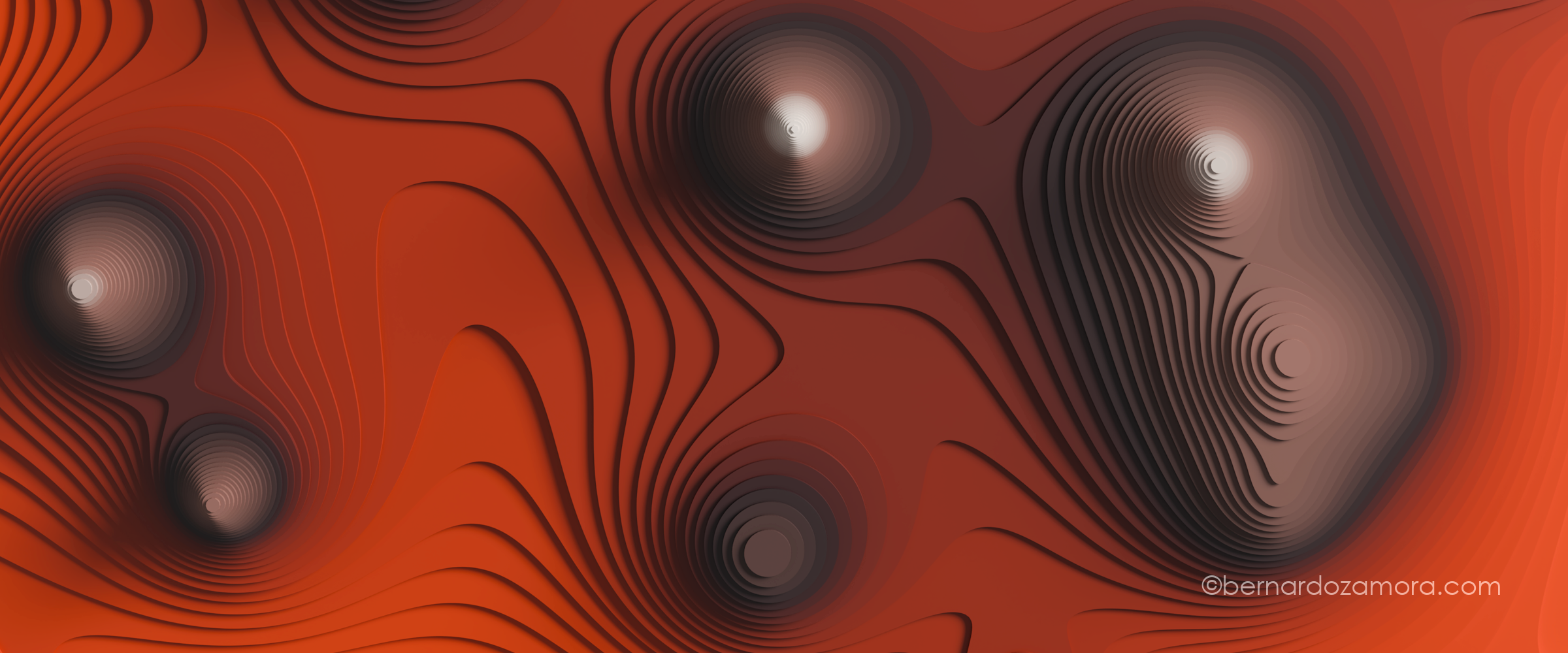 A stylized, top-down topographic map visualization of gravitational pull, rendered in a warm, terracota and deep ochre-orange palette. The landscape features deep, tiered concentric circular craters and elevated cones, defined by dark, layered shadow drop-offs. These concentric ring structures represent the gravitational wells of different planetary bodies, transitioning from deep, shadowy depressions into glowing, off-white central peaks.