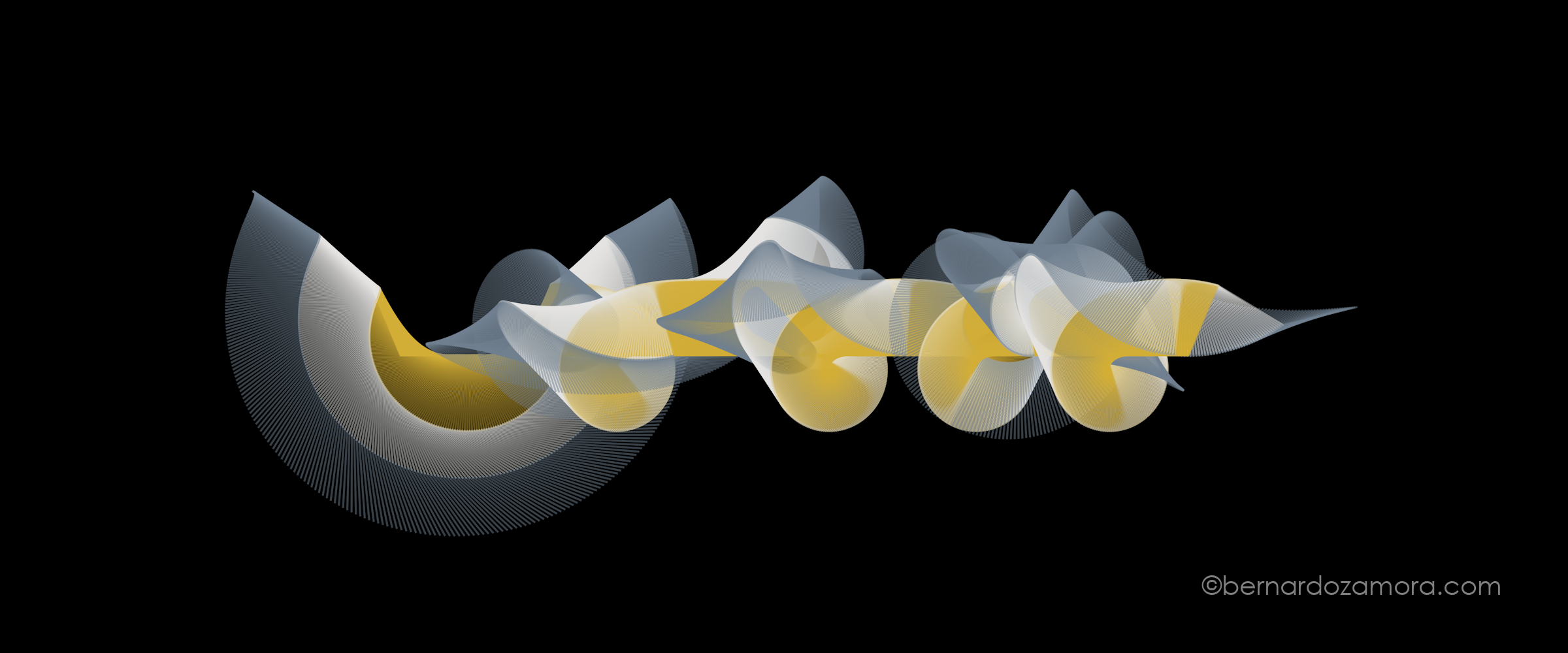 A triple pendulum chaotic path visualization on a black background. Overlapping, translucent ribbon-like trails in yellow, white, and blue-gray sweep across the center, drifting leftward like ghost traces.