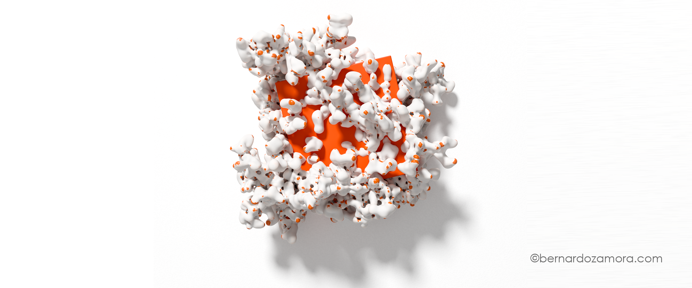 An orange, coral-like structures growing outwards from a central white box