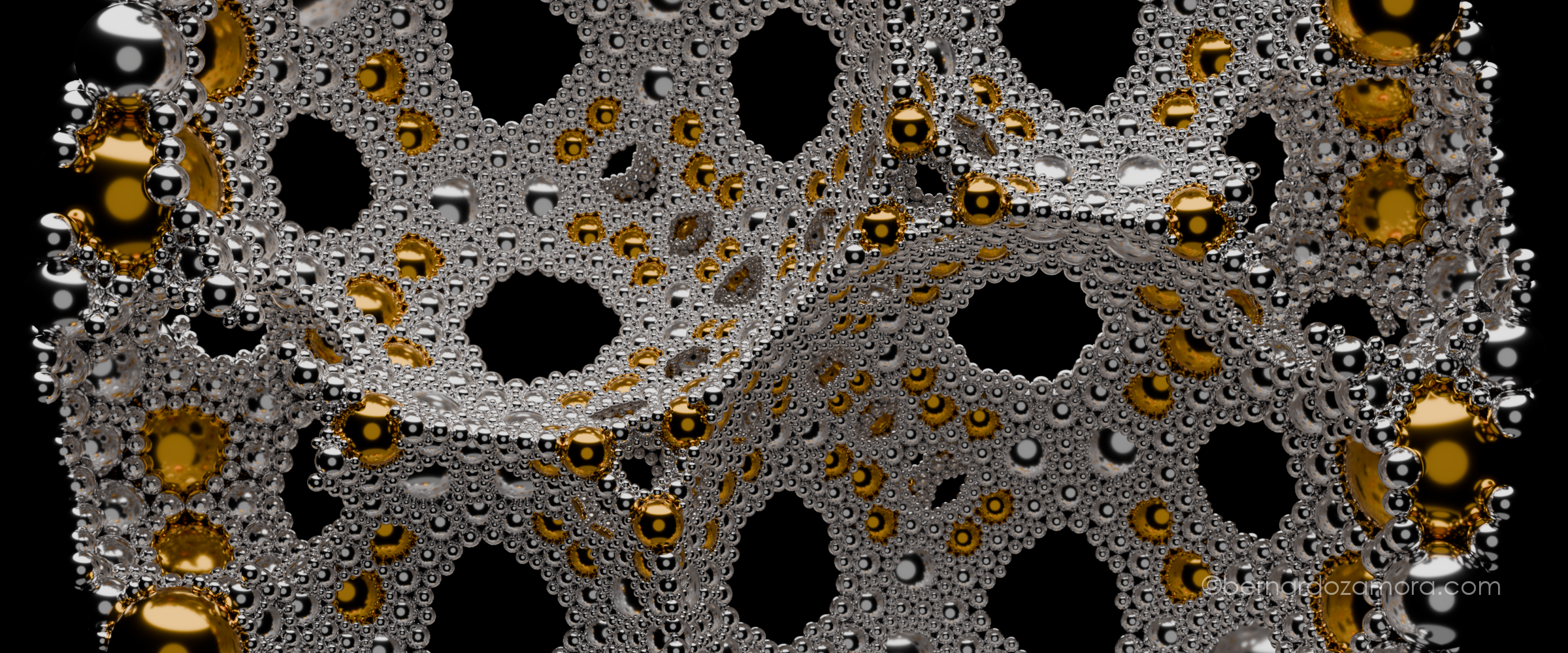 A macro render of a 3D Apollonian sphere packing against a dark background. Thousands of highly reflective chrome spheres form an intricate, porous lattice structure with hollow circular gaps. Interspersed within the silvery matrix are larger, metallic gold spheres nestled inside select gaps, casting crisp reflections on the neighboring metallic surfaces.