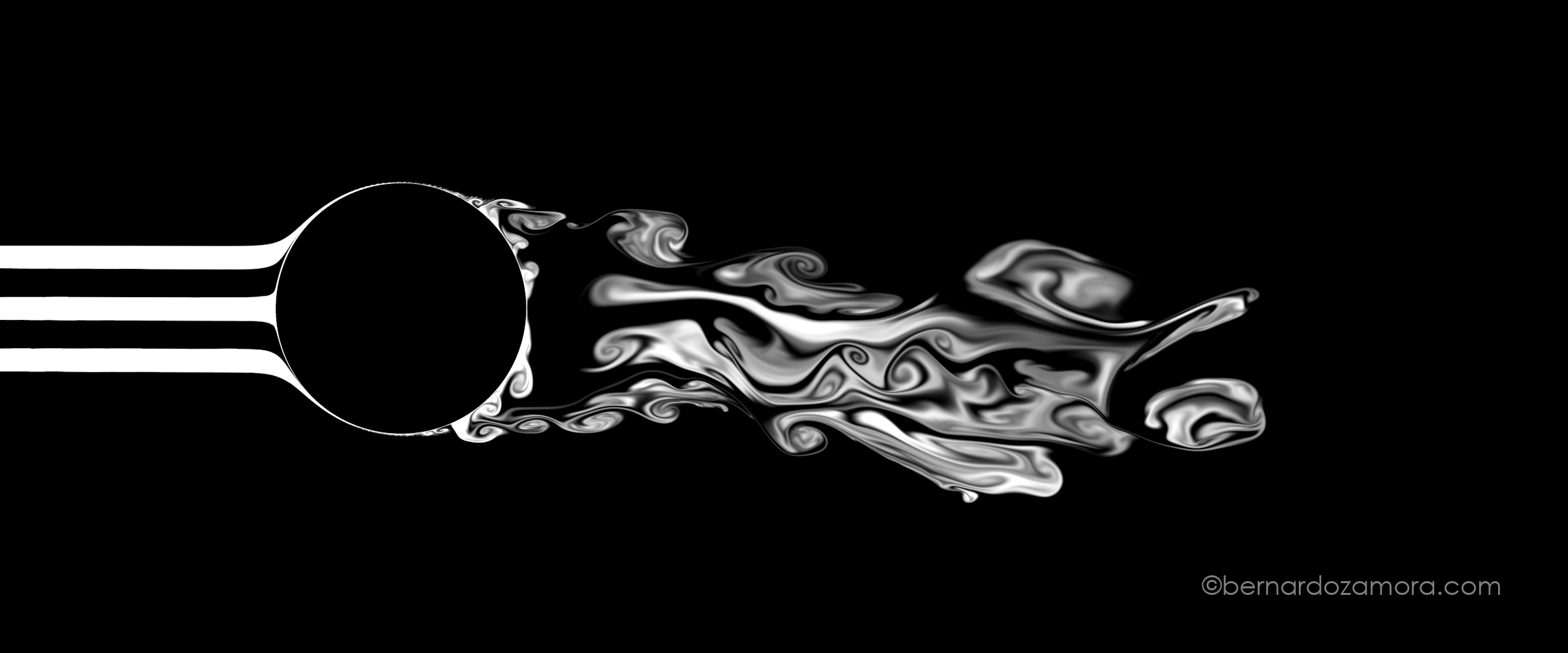 Swirling white gas currents moving against a stark black background