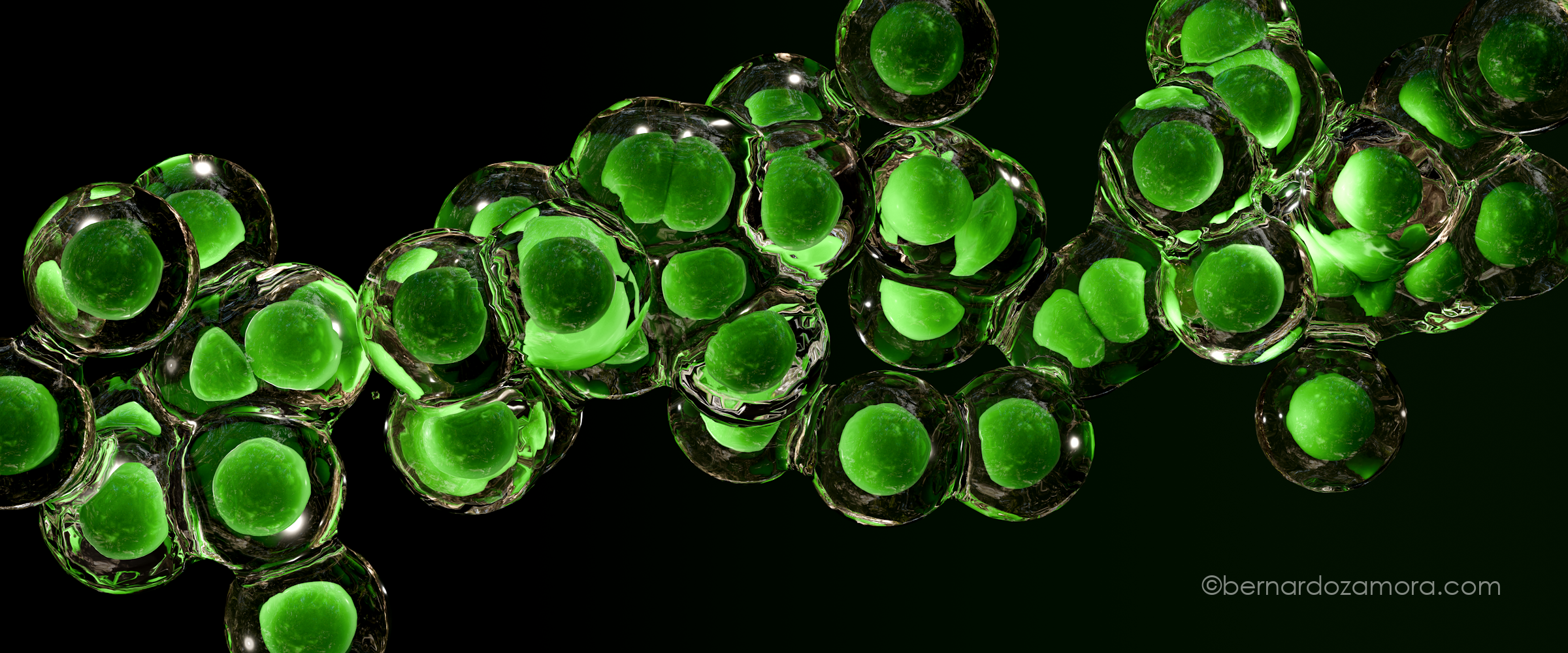 A 3D rendering of an organic cluster of cellular structures against a pitch-black background, consisting of transparent, glossy glass-like outer spheres that encapsulate glowing, vibrant green inner cores, resembling microscopic organisms or dividing biological cells.