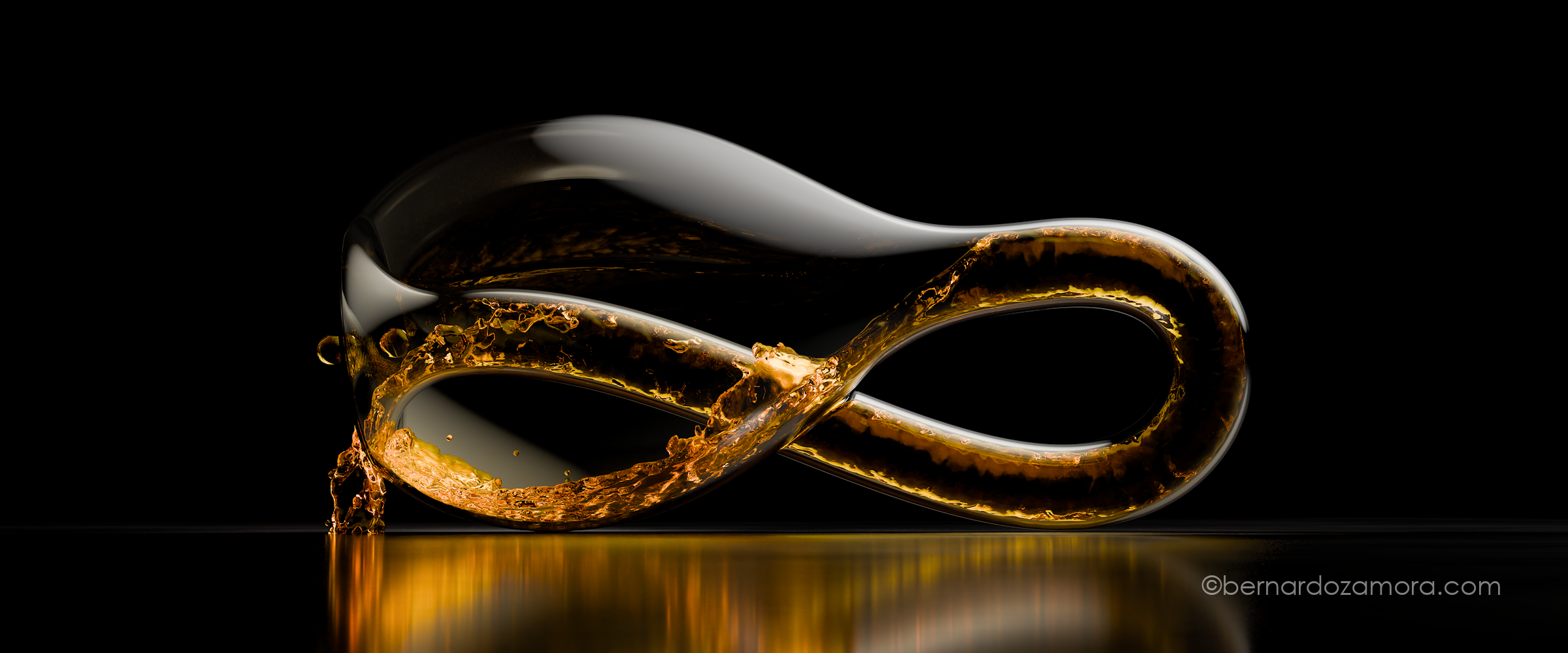 Crystal Klein bottle with yellow liquid pouring in, with black background