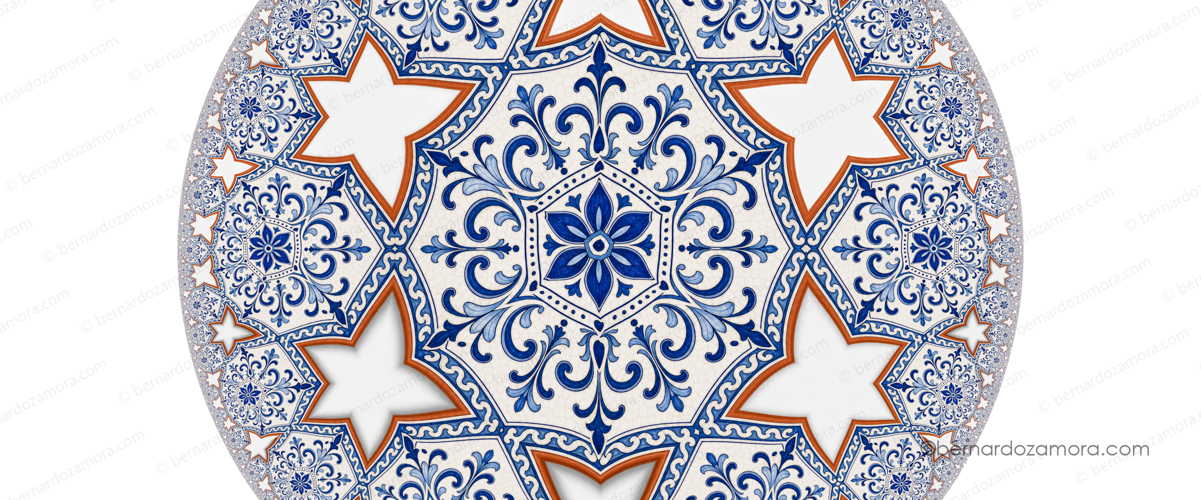 Image of hyperbolic tesselation, showing a set of Mexican talavera-looking tiles in white background.