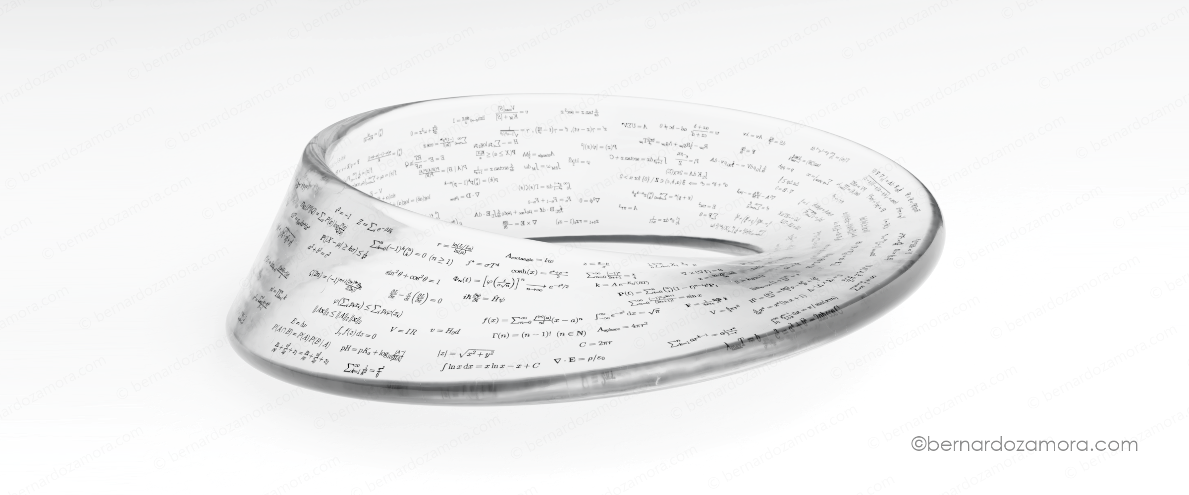 A 3D rendering of a thick, transparent glass Möbius strip resting on a clean white surface, forming a continuous one-sided loop with a single half twist, its surface etched with rows of black mathematical and scientific equations.