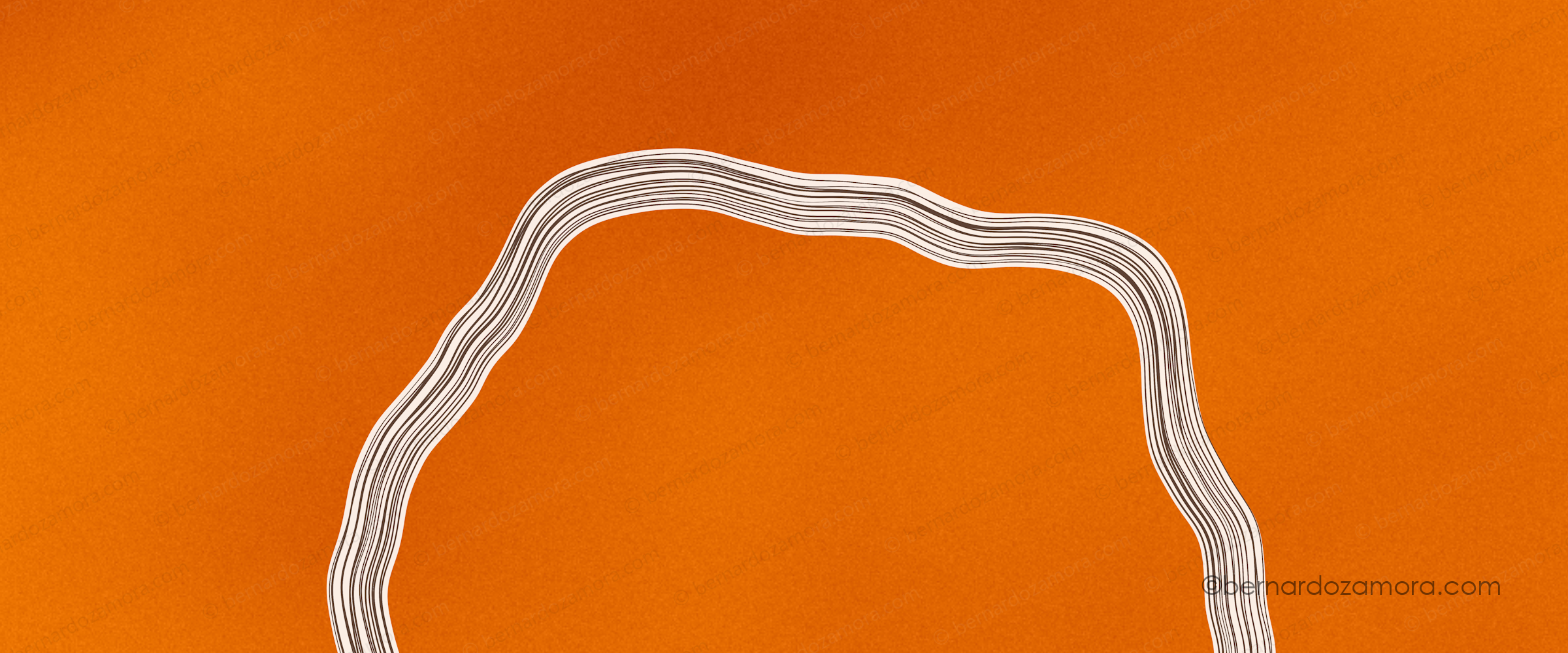 An abstract digital composition featuring a warm, finely grained ochre-orange background, interrupted at the bottom by a broad, undulating semi-circular band made of dozens of thin, parallel white and dark lines that ripple together like geological strata.