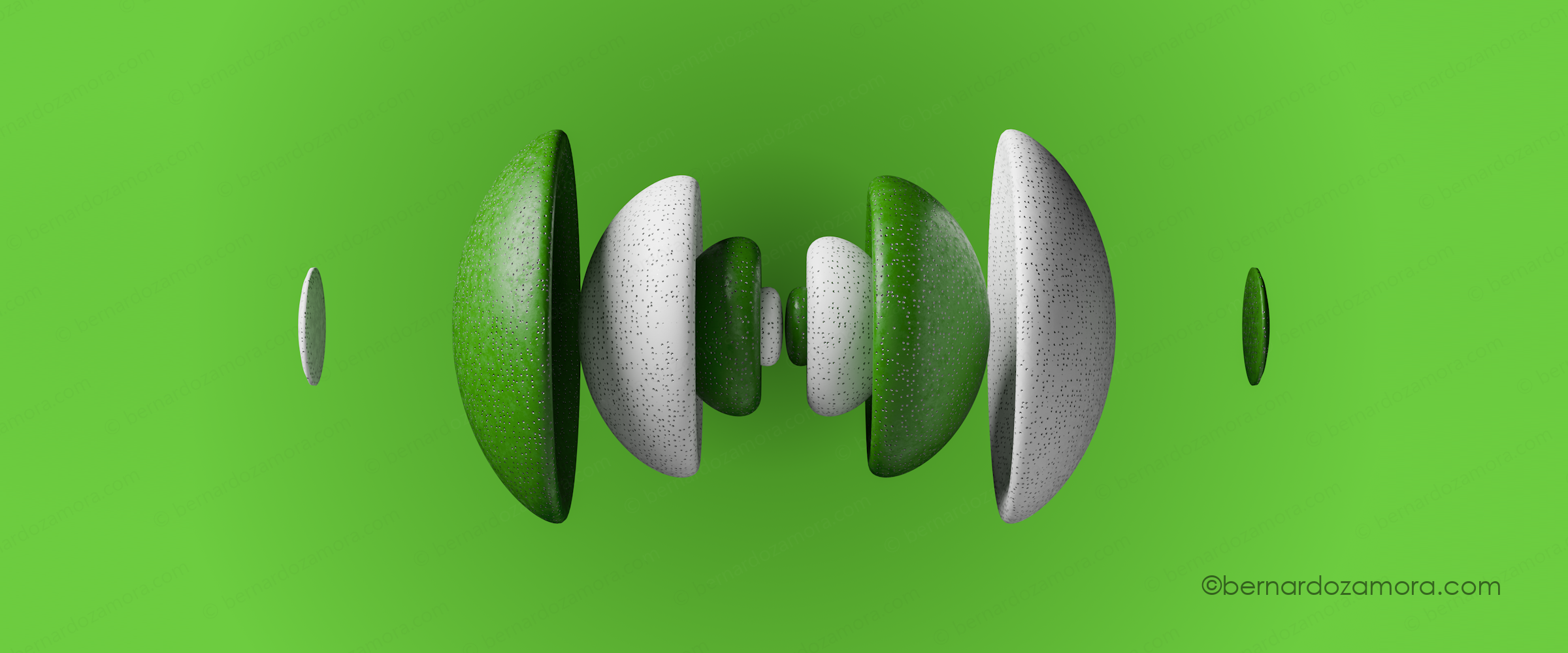 A 3D mathematical isosurface rendering of a hydrogen atom orbital on a bright lime-green background. The symmetrical, fragmented geometric structure features alternating nested hemispherical shells and discs in white and deep forest-green, aligned horizontally along a central axis.