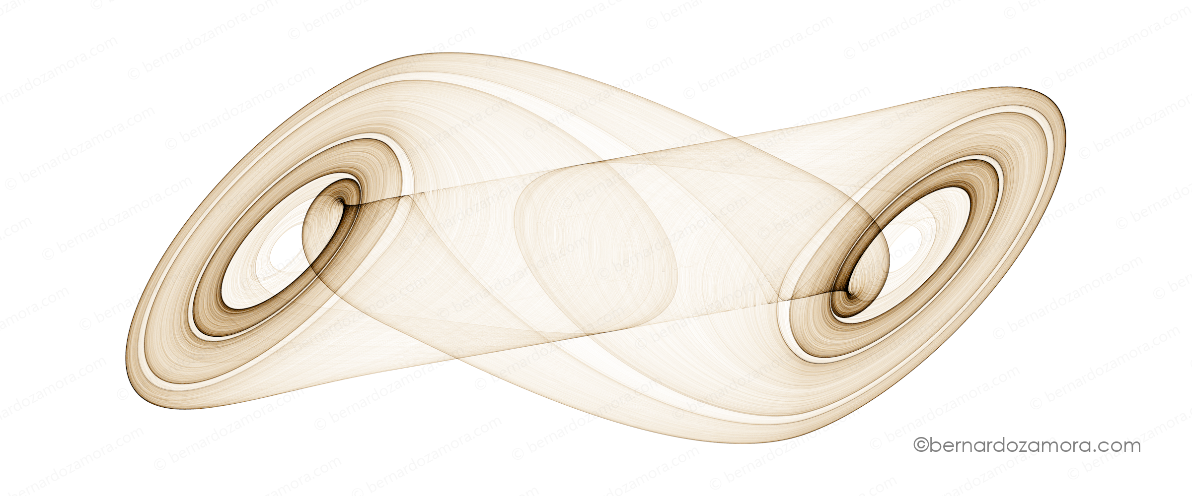 A high-resolution line drawing of Chua's circuit double scroll attractor against a pure white background. The continuous trajectory is rendered in a dark reddish-brown hue, composed of thousands of overlapping, delicate lines that trace out an asymmetrical infinity or butterfly shape. The path tightly spirals around two distinct, dark focal points on the left and right, forming layered, translucent bands that elegantly cross over one another in the center.